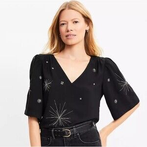 LOFT Women's Embellished V-Neck Top SIZE XXS NWOT, Boho Grunge
